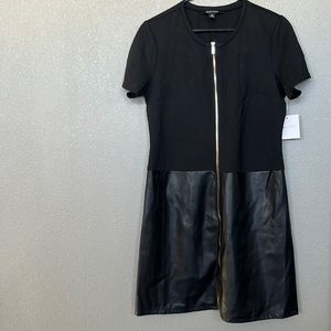 NWT ELLEN TRACY Black Short Sleeve Zipper Dress With Faux Leather Size Large